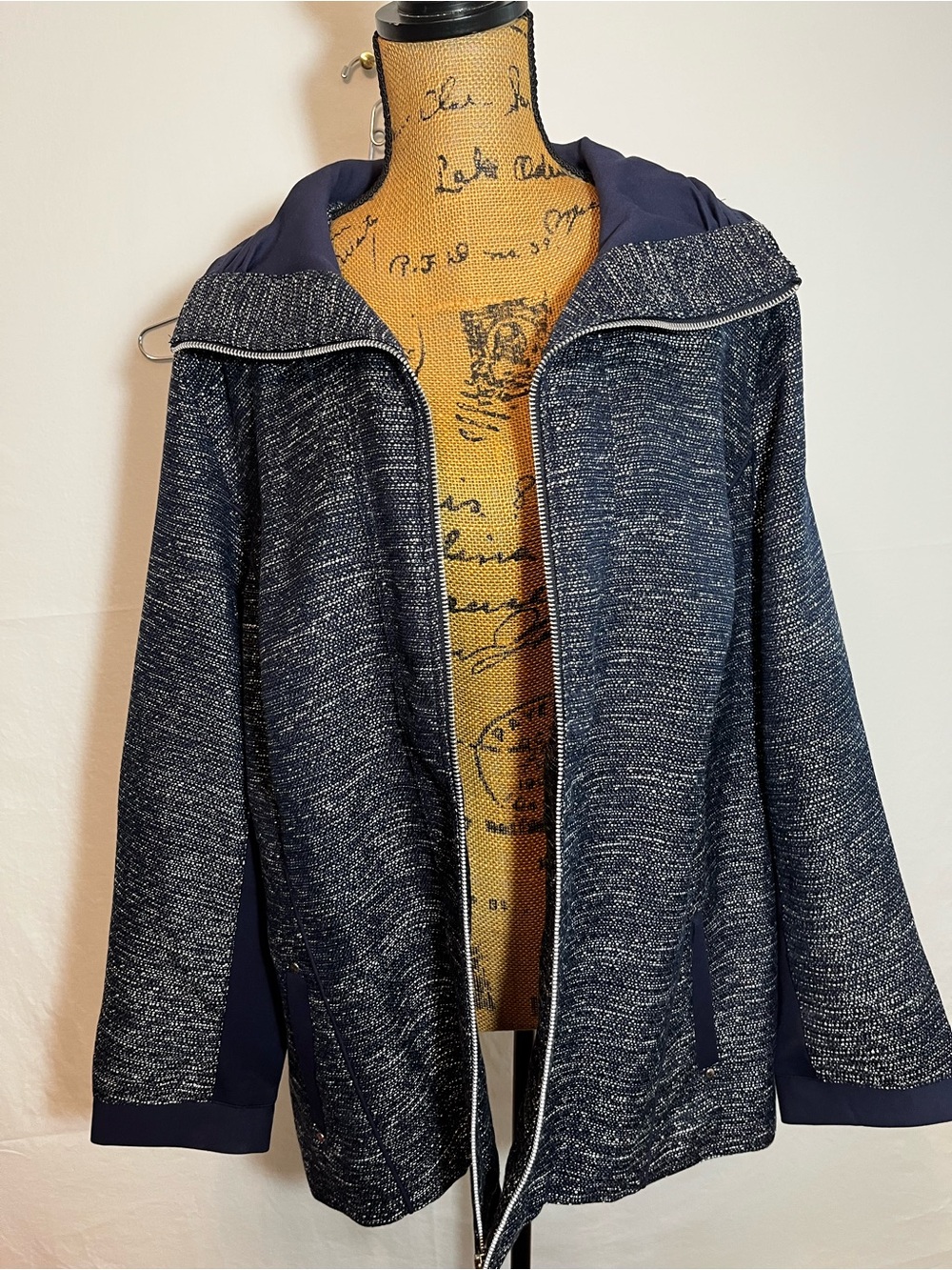 CJ Banks Navy Blue Tweed Metallic Knit Full Zip Jacket Coat Plus Size 3X womens